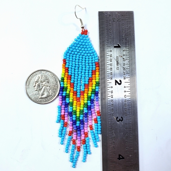 🌈 Turquoise Rainbow Long Fringe Seed Bead Earring - Picture 4 of 4